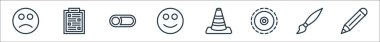 Çeşitli çizgi simgeleri var. Doğrusal küme. Kalem, boya, dokunsal, koni, mutluluk, kapatma, kontrol listesi gibi kalite vektör çizgisi