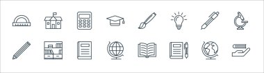 Eğitim çizgisi simgeleri. Doğrusal küme. Kitap, kitap, toprak küresi, kalem, tükenmez kalem, hesap makinesi, boya fırçası, okul gibi kalite vektör dizileri