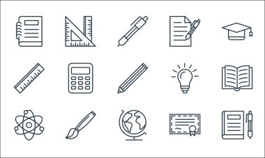 Eğitim çizgisi simgeleri. Doğrusal küme. Kitap, yer küresi, bilim, diploma, boya fırçası, cetvel, fikir, yazı, cetvel gibi kalite vektör çizgisi kümesi