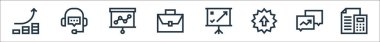 Pazarlama ve büyüme çizgisi simgeleri. Doğrusal küme. bütçe, konuşma, satış, strateji, bavul, istatistik, destek gibi kalite vektör çizgisi