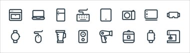 Elektronik ve aygıt hattı simgeleri. Doğrusal küme. Karıştırıcı, pirinç pişirici, hoparlör, saat, çizim tableti, buzdolabı, tablet, dizüstü bilgisayar gibi kalite vektör dizileri