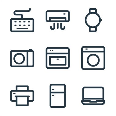 Elektronik ve aygıt hattı simgeleri. Doğrusal küme. Dizüstü bilgisayar, buzdolabı, yazıcı, çamaşır, fırın, kamera, saat, klima gibi kalite vektör dizileri