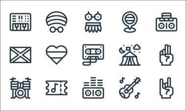 reggae çizgisi simgeleri. Doğrusal küme. Rock, ses dalgaları, davul seti, akustik gitar, reggae, Jamaika, kamp çadırı, Jamaika, şapka gibi kalite vektör dizileri