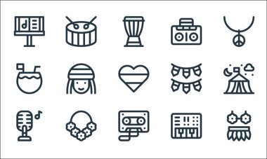 reggae çizgisi simgeleri. Doğrusal küme. Etek, kaset, mikrofon, sentezleyici, kolye, hindistan cevizi içeceği, çelenk, teyp, davul gibi kalite vektör dizileri