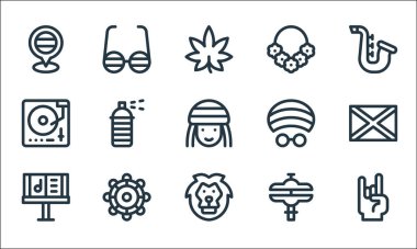 reggae çizgisi simgeleri. Doğrusal küme. Kaya, aslan, müzik standı, zil, tef, turntable, şapka, kolye, gözlük gibi kalite vektör dizileri