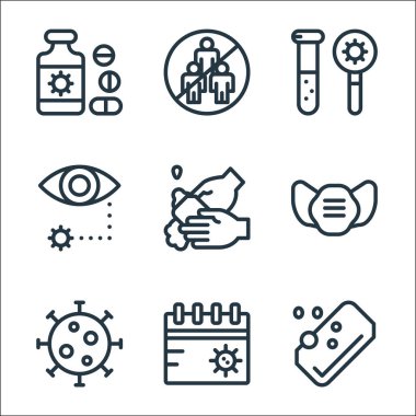 Koronavirüs çizgisi simgeleri. Doğrusal küme. Sabun, takvim, koronavirüs, maske, el yıkama, göz, araştırma gibi kalite vektör dizileri kalabalıktan kaçınır