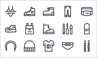 Moda çizgisi simgeleri. Doğrusal küme. Kaliteli vektör çizgisi küpe, tişört, peluş, külot, bere, ayakkabı, makyaj, kot pantolon, spor ayakkabısı gibi