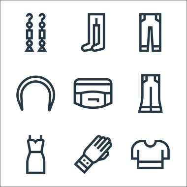 Moda çizgisi simgeleri. Doğrusal küme. Tişört, bilezik, elbise, zil, bel çantası, peluş, kot pantolon, tayt gibi kalite vektör çizgisi kümesi