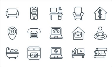 Ofis çizgisi simgeleri. Doğrusal küme. Kitap, dizüstü bilgisayar, banyo, dizüstü bilgisayar, kahvaltı, işaretçi, ev, koltuk, telefon gibi kalite vektör dizileri