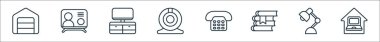 Ofis çizgisi simgeleri. Doğrusal küme. ev, lamba, kitap, telefon, webcam, televizyon, sertifika gibi kalite vektör satırı