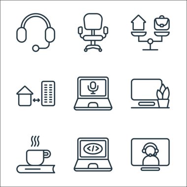 Ofis çizgisi simgeleri. Doğrusal küme. Video çağrısı, laptop, kahve, bilgisayar, laptop, ev ofisi, denge, sandalye gibi kalite vektör dizileri