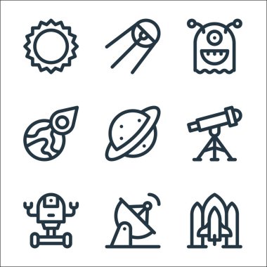 Uzay çizgisi simgeleri. Doğrusal küme. Uzay gemisi, uydu anteni, uzay robotu, teleskop, satürn, asteroid, canavar, sputnik gibi kalite vektör çizgisi kümesi