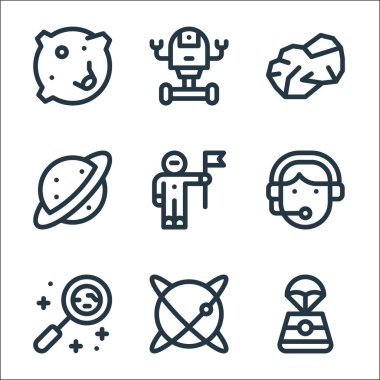 Uzay çizgisi simgeleri. Doğrusal küme. Uzay kapsülü, gezegen, araştırma, astronot, satürn, asteroid, uzay robotu gibi kalite vektör çizgisi kümesi