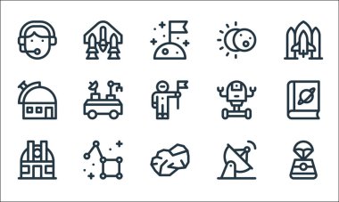 Uzay çizgisi simgeleri. Doğrusal küme. Uzay kapsülü, asteroid, gözlemevi, uydu anteni, takımyıldız, gözlemevi, uzay robotu, tutulma, gemi