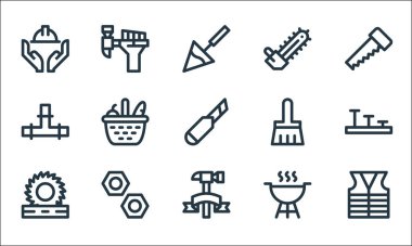 İşçi bayramı sembolleri. Doğrusal küme. Kaliteli vektör çizgisi: Yüksek görüş yeleği, işçi günü, dairesel testere, barbekü, fındık, boru, fırça, testere, işçi günü.