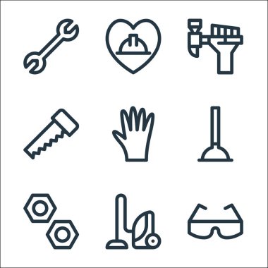 İşçi bayramı sembolleri. Doğrusal küme. Güvenlik gözlüğü, elektrikli süpürge, fındık, lavabo pompası, eldiven, testere, işçi günü gibi kalite vektör çizgisi