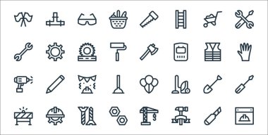 İşçi bayramı sembolleri. Doğrusal küme. İşçi Bayramı, İşçi Bayramı, ceviz, bariyer, kürek, işçi eldiveni, balta, ayarlar gibi kalite vektör çizgisi