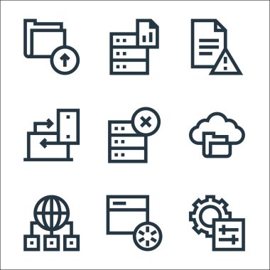 büyük veri çizgisi simgeleri. Doğrusal küme. Sunucu, yükleme, iletişim, bulut depolama, hesaplama, dizüstü bilgisayar, hata, veritabanı gibi kalite vektör dizileri