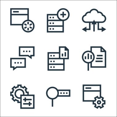 büyük veri çizgisi simgeleri. Doğrusal küme. Geliştirme, arama, sunucu, rapor, veri tabanı, konuşma balonu, bulut depolama, kaldırma gibi kalite vektör çizgisi