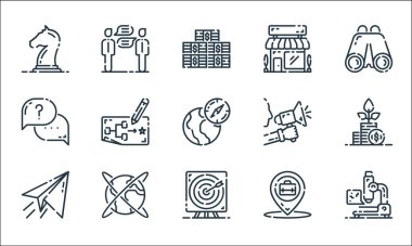 başlangıç satırı simgeleri. Doğrusal küme. Mikroskop, hedef, mesaj, konum, dünya çapında, bilgi, duyuru, depolama, sohbet gibi kalite vektör dizileri