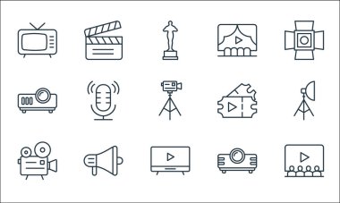 Sinema çizgisi simgeleri. Doğrusal küme. Sinema, TV, eski video kamera, projektör, megafon, projektör, biletler, tiyatro, alkışlar gibi kalite vektör dizileri