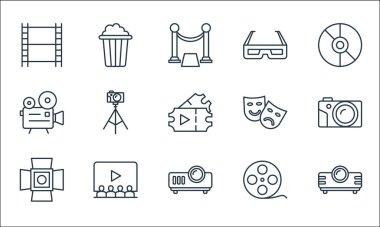 Sinema çizgisi simgeleri. Doğrusal küme. Projektör, projektör, spot ışığı, film makarası, sinema, eski video kamera, tiyatro, d gözlüğü, patlamış mısır gibi kalite vektör dizileri