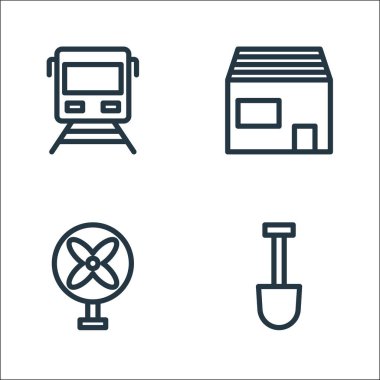 Tatil çizgisi simgeleri. Doğrusal küme. kalite vektör çizgisi kürek, yelpaze, konaklama gibi