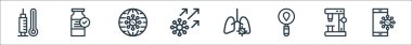 Virüs enfeksiyonu ve çizgi simgeleri. Doğrusal küme. Akıllı telefon, mikroskop, kontrol, akciğer, virüs, küresel tıp gibi kalite vektör çizgisi