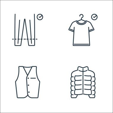 Kıyafetler ve kıyafet çizgisi simgeleri. Doğrusal küme. Ceket, yelek, uygun oda gibi kalite vektör çizgisi