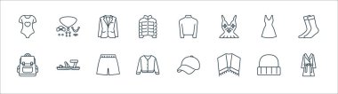 clothes and outfit line icons. linear set. quality vector line set such as bathrobe, shawl, cardigan, backpack, dress, blazer, turtleneck, accessories clipart