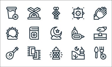 Ramazan çizgi simgeleri. Doğrusal küme. Kurban bayramı, fener, lavta, cami, halı, güneş, hurma, el hizb, Kuran gibi kalite vektör dizileri