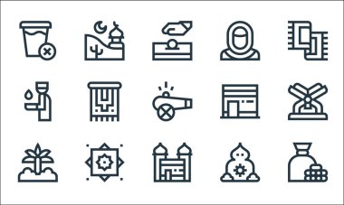 Ramazan çizgi simgeleri. Doğrusal küme. Zakat, Mekke, palmiye ağacı, dzuhur, ovma el hizb, abdest, kabe, müslüman, cami gibi kalite vektör dizileri