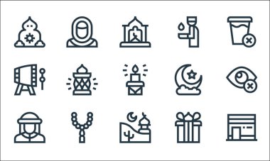 Ramazan çizgi simgeleri. Doğrusal küme. Kabe, cami, müslüman, hediye, boncuk, kazma, yarım ay, abdest, müslüman gibi kalite vektör çizgisi