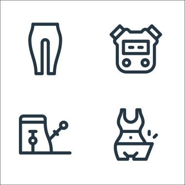 pilates çizgisi simgeleri. Doğrusal küme. Diyet, pilates sandalyesi, kronometre gibi kalite vektör çizgisi