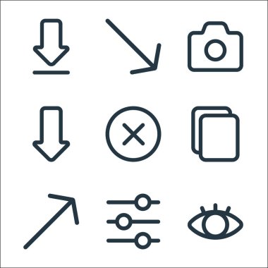 Arayüz çizgisi simgeleri. Doğrusal küme. Kalite vektör çizgisi seti, göster, eşitle, yukarı sağ, yapıştır, kapat, indir, kamera, aşağı doğru