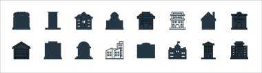 yapı çizgisi simgeleri. Doğrusal küme. Apartman, hükümet, fabrika, depo, ev, üniversite, dükkan, gökdelen gibi kalite vektör çizgisi