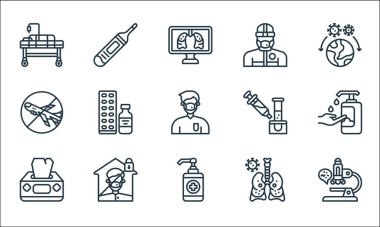 Koronavirüs çizgisi simgeleri. Doğrusal küme. Mikroskop, alkol jeli, doku kutusu, solunum sistemi, karantina, uçuş yok, kan testi, tehlikeli madde, termometre gibi kalite vektör dizileri