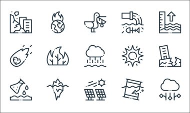 İklim değişikliği çizgisi simgeleri. Doğrusal küme. Dolu, güneş paneli, kirlilik, petrol sızıntısı, buzdağı, meteor, güneş, atık, küresel ısınma gibi kalite vektör çizgisi