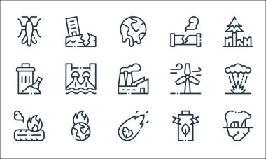 İklim değişikliği çizgisi simgeleri. Doğrusal küme. Kutup ayısı, meteor, lastik, pil, küresel ısınma, çöp, rüzgar enerjisi, sızıntı, deprem gibi kalite vektör dizileri