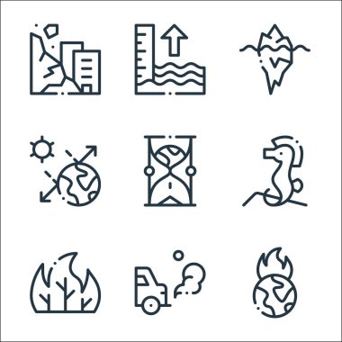 İklim değişikliği çizgisi simgeleri. Doğrusal küme. Küresel ısınma, araba, orman yangını, deniz atı, kum saati, güneş, buzdağı, gelgit gibi kalite vektör çizgisi