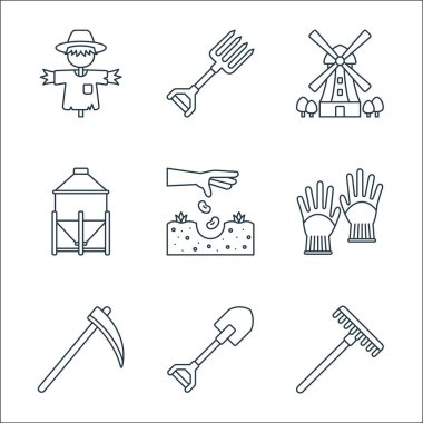 tarım çizgisi simgeleri. Doğrusal küme. Kaliteli vektör çizgisi kürek, tırmık, tırmık, tırpan, eldiven, tohum, silo, yel değirmeni, dirgen gibi.