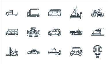 Araç taşıma hattı simgeleri. Doğrusal küme. Sıcak hava balonu, denizaltı, forklift, golf arabası, polis arabası, araba, sürat teknesi, yelkenli, ulaşım gibi kalite vektör dizileri