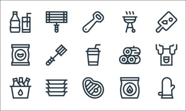 Düz barbekü çizgisi simgeleri. Doğrusal küme. Eldiven, biftek, kova, kömür, plastik, çip, kütük, ızgara gibi kalite vektör dizileri