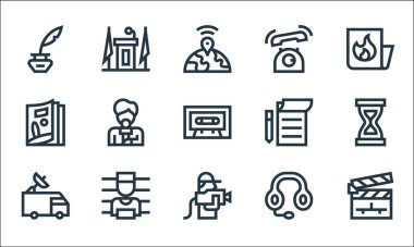 Haber çizgisi simgeleri. Doğrusal küme. Clapperboard, kameraman, araba, kulaklık, aranıyor, dergi, not defteri, telefon, tribün gibi kalite vektör dizileri