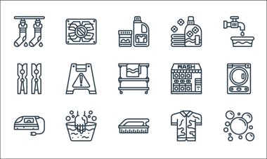Çamaşır ipi simgeleri. Doğrusal küme. Kaliteli vektör dizisi: Temiz, fırça, giysi ütüsü, kirli gömlek, çamaşır yıkama elleri, mandal, çamaşır yıkama, yumuşatıcı, çamaşır yıkama programı