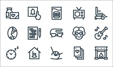 emeklilik ev çizgisi simgeleri. Doğrusal küme. Şömine, sallanan sandalye, saat, oyun kartları, emeklilik evi, yaşlı kadın, büyükanne, televizyon, alarm gibi kalite vektör dizileri