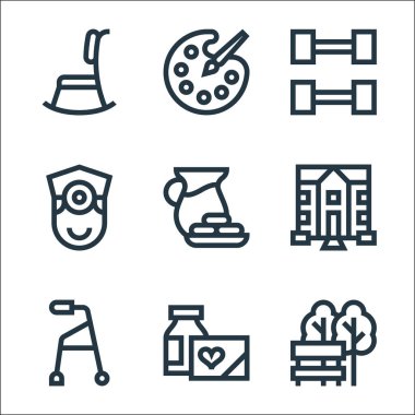 emeklilik ev çizgisi simgeleri. Doğrusal küme. Kaliteli vektör çizgisi: bank, ilaç, bebek bakıcısı, emeklilik evi, yiyecek ve içecek, doktor, spor salonu, boya paleti