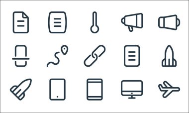 aygıt hattı simgeleri. Doğrusal küme. Uçak, telefon, roket, monitör, telefon, tarama, belge, hoparlör, menü gibi kalite vektör çizgisi