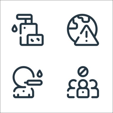 Virüs bulaşma çizgisi simgeleri. Doğrusal küme. Kaliteli vektör çizgisi, örneğin kaçınma, ateş, tehlikeli