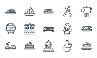 İtalya çizgi simgeleri. Doğrusal küme. Lazanya, çeşme, scooter, zeytinyağı, tiramisu, şarap fıçısı, kadın, elbise, zeytin yağı gibi kalite vektör dizileri